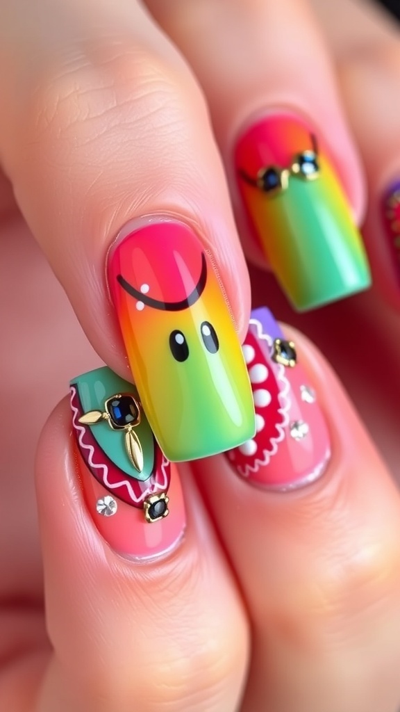 Close-up of duck nails with vibrant colors and intricate designs, showcasing a glossy finish.